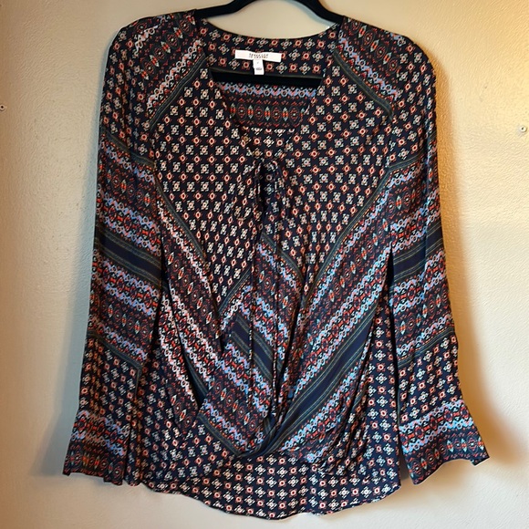 DEREK LAM 10 CROSBY 100% SILK FAUX WRAP TOP BLOUSE FLORAL BOHO SIZE 0 - Picture 1 of 10